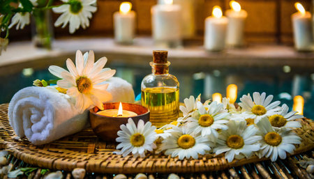spa decoration with candle daisies white flowers and a bottle with massage oil beauty wellness centre spa product are placed in luxury spa resort roomの素材