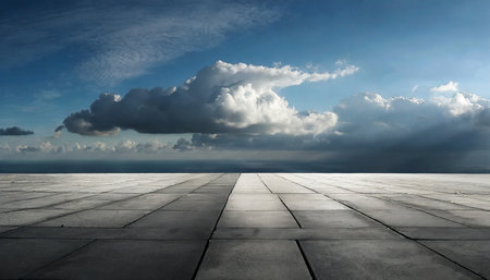 panoramic dark floor background with beautiful cloud horizon skyの素材