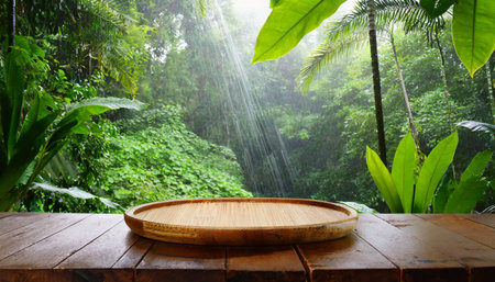 wooden plate on the table with rain forest backgroundの素材