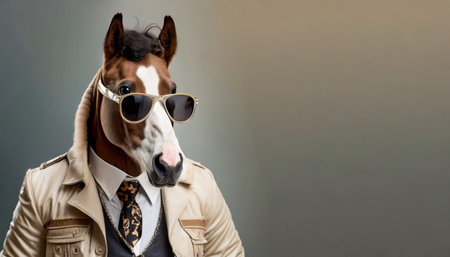 cool looking horse dog wearing funky fashion dress beige jacket vest leather sunglasses wide banner with space for text right side stylish animal posing as supermodel generative aiの素材