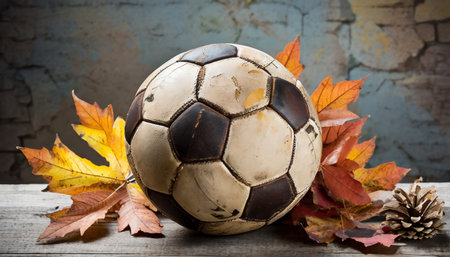 old worn football with autumn leavesの素材