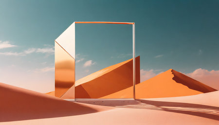 abstract fantastic background desert landscape with metallic geometric mirror modern minimal aesthetic backgroundの素材