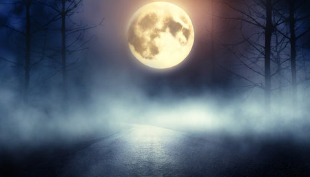 fog in spooky forest at moon light on asphalt abstract bokeh generative aiの素材
