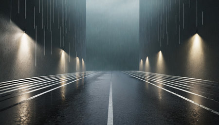 3d rendering abstract asphalt light in a dark empty street and rainの素材