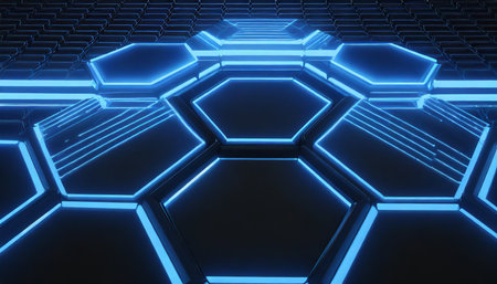 abstract futuristic background with hexagons and blue neon lights 3d rendering 3d rendering of abstract hexagon background with blue neon lights ai generatedの素材