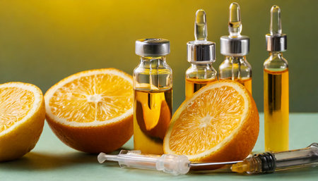 ampoules with vitamin c syringe bottle of essential oil and orange slices on yellow background closeupの素材
