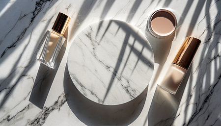 flat lay mockup scene featuring beauty cosmetics product presentation on a white marble table with a white circle shape and copy space trendy sunlight and top viの素材