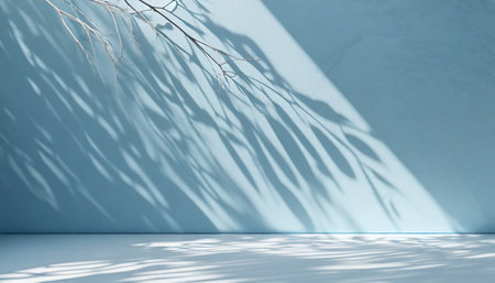 minimalistic abstract light blue background for product presentation featuring gentle light and intricate shadows cast by tree branches on the wall made with generative ai technologyの素材