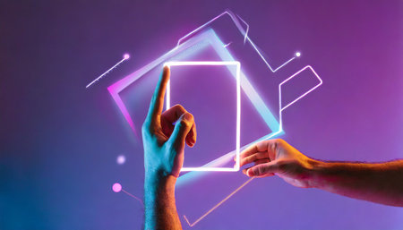 human hand interacting with geometric glowing figure rectangle over abstract minimal violet background in neon lightの素材