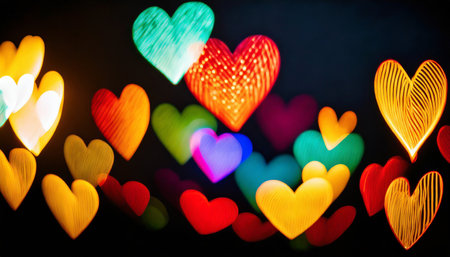 blurred view of colorful heart shaped lights on black backgroundの素材