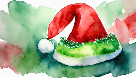 watercolor christmas hat illustration this image is perfect for christmas cards or invitations a winter holiday hat in watercolor art with red and green colorsの素材