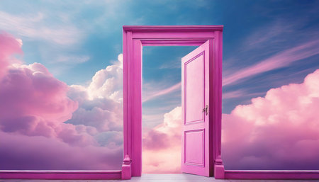 surreal image of pink open doors against a sky filled with clouds symbolizing freedom opportunity and imagination in a minimalist magical realism settingの素材