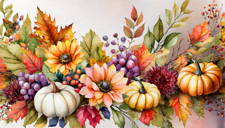 watercolor fall autumn flower marple leaves pumpkins for decoration give thanks cardsの素材