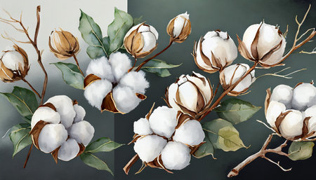 set of cotton branches on on background delicate cotton flowers collectionの素材