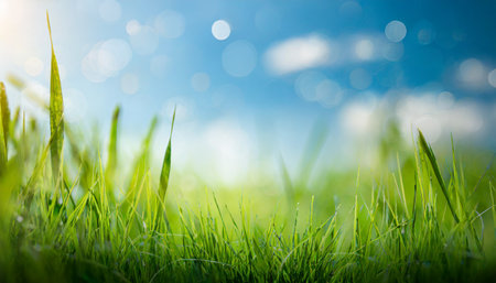 world environment day concept green grass and blue sky abstract background with bokehの素材