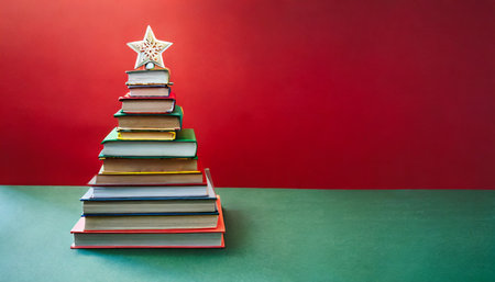christmas tree made from pile of books colorful books in the form of christmas tree on red background creative chirstmas background in minimalist style holiday book sale christmas readingの素材