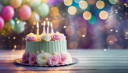 realistic photography of a birthday party with bokeh as the background on the left side there is a birthday cake with candles pastel colorsの素材