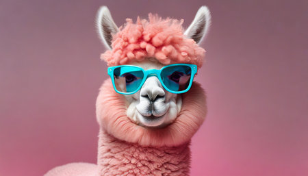pink alpaca wearing turquoise sunglasses on pink background generative aiの素材