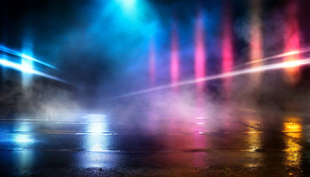 wet asphalt neon light reflected on a wet surface smoke smog the lights of the night cityの素材