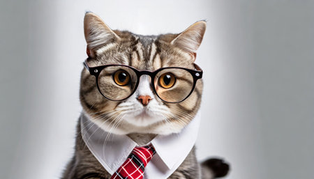 cute cat wearing glasses and shirt white backgroundの素材