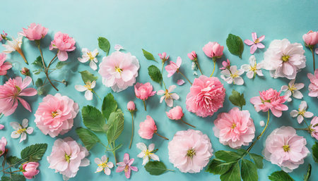 flat lay creative illustration concept of fresh field spring flowers on pastel blue background beautiful pink bloomed flowers generative aiの素材
