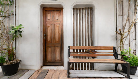 beautiful wooden door with old wood bench white background wall home interior design concept generative aiの素材