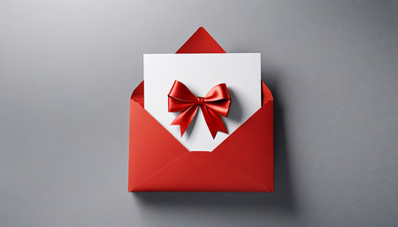 blank white gift card with red ribbon bow or gift voucher in open red envelope on white grey background with shadow minimal concept 3d renderingの素材