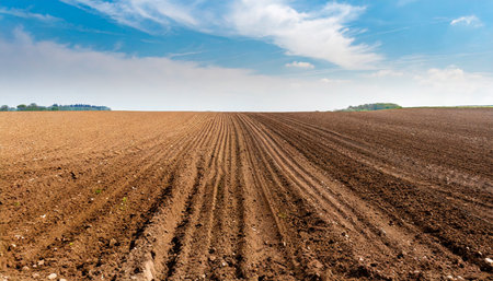 plowed farmland with brown soil and a blue sunny skyの素材