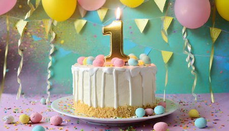 1st year birthday cake on colorful pastel backgroundの素材