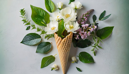 ice cream cone with flowers and leaves summer minimal conceptの素材