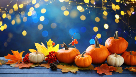 autumn festive decor composition with pumpkins and maple leaves on dark bokeh lights blue background with copy space wooden table halloween concept cozy homeの素材