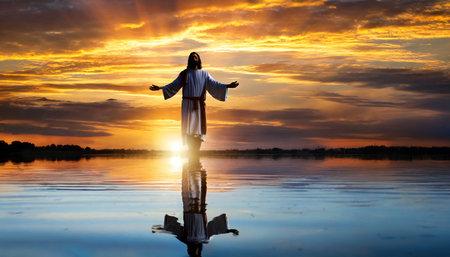 the figure of jesus walks on water on a beautiful dramatic sunset background created with generative ai technologyの素材