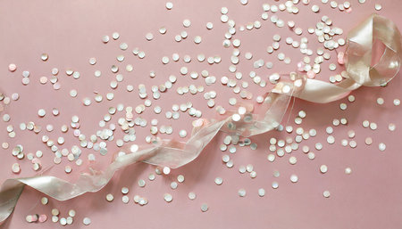 pearl confetti on pink background flat lay top viewの素材