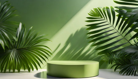 3d background with podium display nature pedestal tropical palm leaf cosmetic beauty product promotion green stand with exotic plant sun shadow studio 3d render illustration mockupの素材
