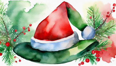 watercolor christmas hat illustration this image is perfect for christmas cards or invitations a winter holiday hat in watercolor art with red and green colorsの素材