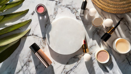 flat lay mockup scene featuring beauty cosmetics product presentation on a white marble table with a white circle shape and copy space trendy sunlight and top viの素材