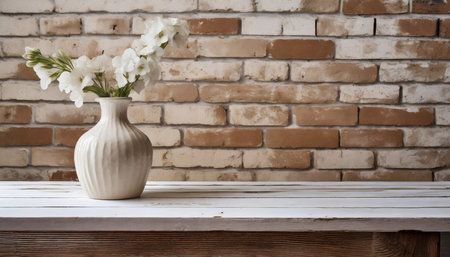 rustic exposed brick wall with worn farmhouse table minimalist product backdrop background neutral minimalist simple minimal color beige tan white vaseの素材