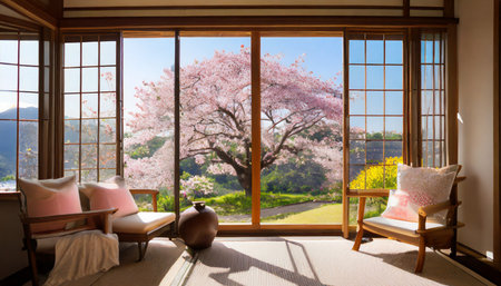 home room with a cherry tree view in japanの素材