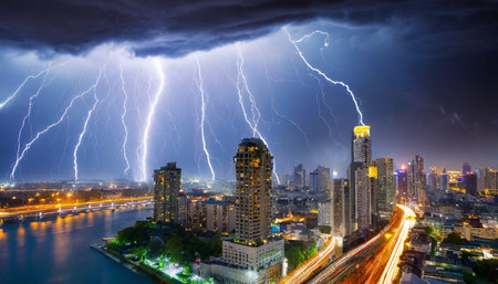 city lightning storm created with generative ai technologyの素材