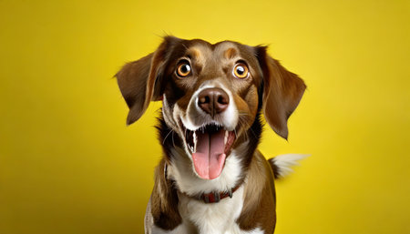 dog looking surprised reacting amazed impressed standing over yellow backgroundの素材
