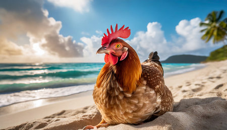 image portrait of a realistic happy cute chicken rresting on a beach on summer vacation beach relax vibe concept generative aiの素材