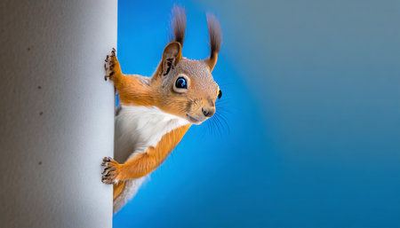 surprised squirrel sciurus cautiously peeks around a corner against a blue background created with generative ai technology copy spaceの素材