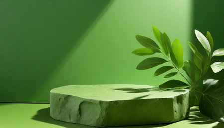 green background podium product platform for nature beauty cosmetic stage scene abstract rock podium pedestal mockup with green leaf shadow photography showcase fresh banner generative aiの素材