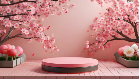 japanese style minimal background pink podium and cherry blossom background for product presentation 3d rendering illustrationの素材