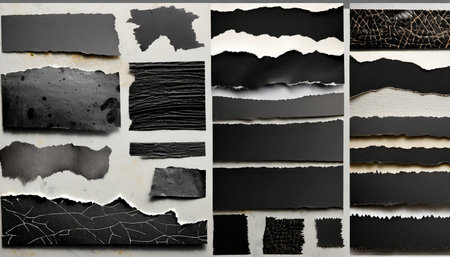 set collection of black ripped textured paper strips scraps and tape over a background ideal for text and messages cut out vintage collage design elements highly detailedの素材