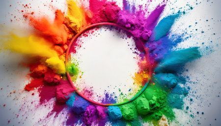 colorful rainbow holi paint color powder explosion ring circle with copy space on white background peace rgb beautiful party conceptの素材