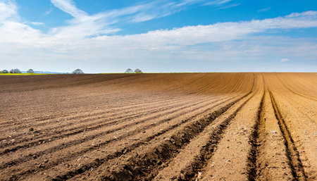 plowed farmland with brown soil and a blue sunny skyの素材