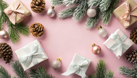 christmas concept top view photo of gift boxes spruce branches in frost decorated with stylish baubles pine cone ornaments on pastel pink background with copyspace in the middleの素材