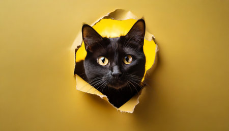 black cat peeks out of a hole on a studio yellow background pet torn paper copy space generative ai ai generativeの素材