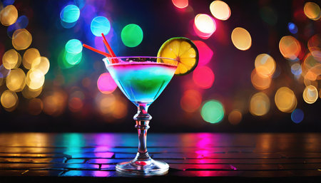 colorful cocktails in a glass on the bar counter neon lights on dark night background with lightsの素材